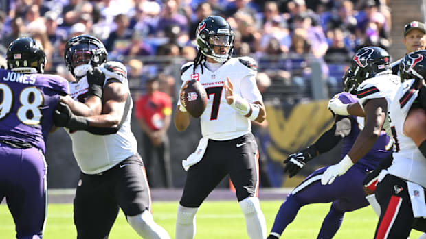 Oct 5, 2025; Baltimore, Maryland, USA; Houston Texans quarterback C.J. Stroud (7) throws downfield during the first quarter a