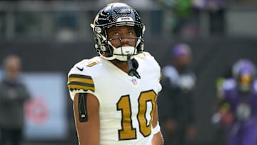 Oct 2, 2022;  London, United Kingdom;  New Orleans Saints wide receiver Tre'Quan Smith (10) during the first half of the NFL International Series game at Tottenham Hotspur Stadium. Mandatory Credit: Peter van den Berg-Imagn Images