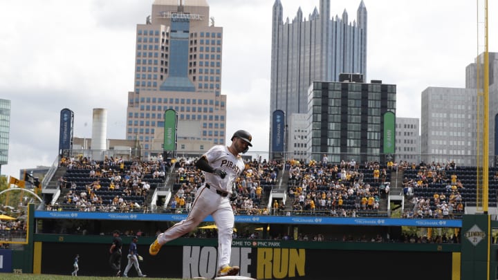 Pittsburgh Pirates catcher Joey Bart (14) circles the bases on a two-run home run against the Seattle Mariners during the sixth inning at PNC Park. 