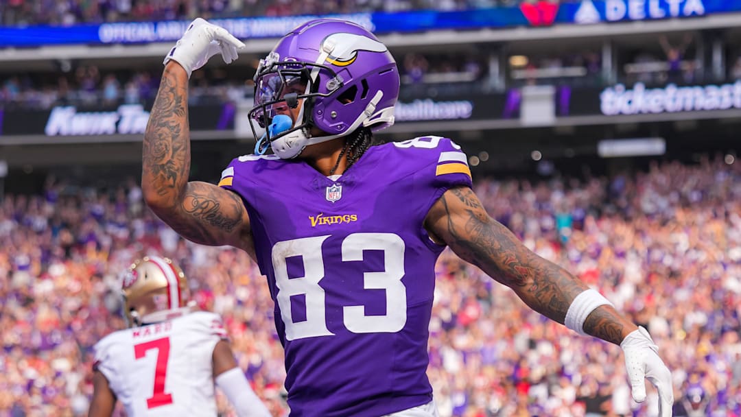 Sep 15, 2024; Minneapolis, Minnesota, USA; Minnesota Vikings wide receiver Jalen Nailor (83) celebrates his touchdown against the San Francisco 49ers in the third quarter at U.S. Bank Stadium. Mandatory Credit: Brad Rempel-Imagn Images