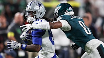 Philadelphia Eagles cornerback Adoree' Jackson tackles Dallas Cowboys wide receiver CeeDee Lamb.