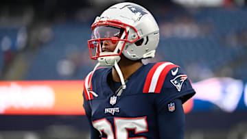 Aug 10, 2023; Foxborough, Massachusetts, USA; New England Patriots cornerback Marcus Jones (25) warms up before a game against the Houston Texans at Gillette Stadium. Mandatory Credit: Eric Canha-Imagn Images
