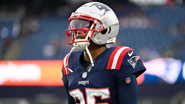 Aug 10, 2023; Foxborough, Massachusetts, USA; New England Patriots cornerback Marcus Jones (25) warms up before a game against the Houston Texans at Gillette Stadium. Mandatory Credit: Eric Canha-Imagn Images