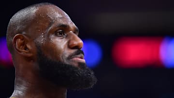 Feb 6, 2025; Los Angeles, California, USA;  Los Angeles Lakers forward LeBron James (23) reacts during the first half at Crypto.com Arena. Mandatory Credit: Gary A. Vasquez-Imagn Images