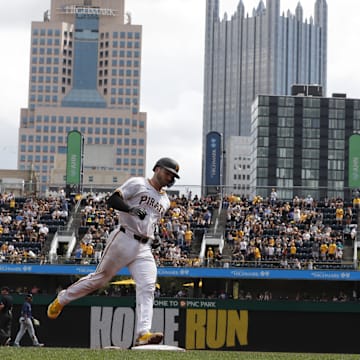 Pittsburgh Pirates catcher Joey Bart (14) circles the bases on a two-run home run against the Seattle Mariners during the sixth inning at PNC Park. 