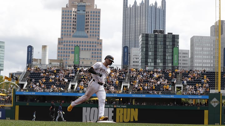 Pittsburgh Pirates catcher Joey Bart (14) circles the bases on a two-run home run against the Seattle Mariners during the sixth inning at PNC Park. 