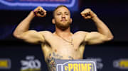 Apr 12, 2024; Las Vegas, Nevada, USA; UFC fighter Justin Gaethje during ceremonial weigh ins for UFC 300 at MGM Grand Garden Arena. Mandatory Credit: Mark J. Rebilas-Imagn Images