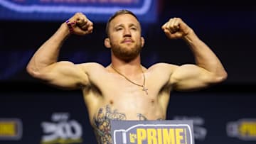 Apr 12, 2024; Las Vegas, Nevada, USA; UFC fighter Justin Gaethje during ceremonial weigh ins for UFC 300 at MGM Grand Garden Arena. Mandatory Credit: Mark J. Rebilas-Imagn Images