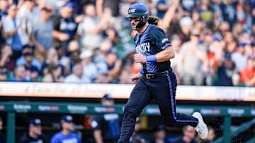 Detroit Tigers right fielder Ryan Vilade (50) runs for a RBI from a triple hit by left fielder Justyn-Henry Malloy (44) against L. A. Dodgers during the second inning at Comerica Park in Detroit on Friday, July 12, 2024.