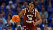 Feb 8, 2025; Lexington, Kentucky, USA; South Carolina Gamecocks forward Collin Murray-Boyles (30) brings the ball up court during the first half against the Kentucky Wildcats at Rupp Arena at Central Bank Center. Mandatory Credit: Jordan Prather-Imagn Images