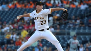 Jul 22, 2025; Pittsburgh, Pennsylvania, USA;  Pittsburgh Pirates starting pitcher Mitch Keller (23) delivers a pitch against the Detroit Tigers during the first inning at PNC Park. Mandatory Credit: Charles LeClaire-Imagn Images