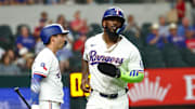 Texas Rangers right fielder Adolis Garcia (53) reacts after scoring during the first inning against the Los Angeles Angels at Globe Life Field. 