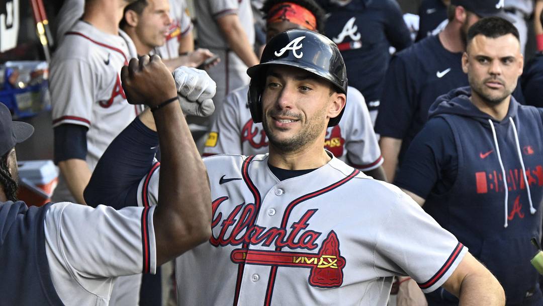 Jun 9, 2026; Chicago, Illinois, USA;  Atlanta Braves first baseman Matt Olson (28) celebrates in the dugout after hitting a home run during the third inning against the Chicago White Sox at Rate Field. Mandatory Credit: Matt Marton-Imagn Images