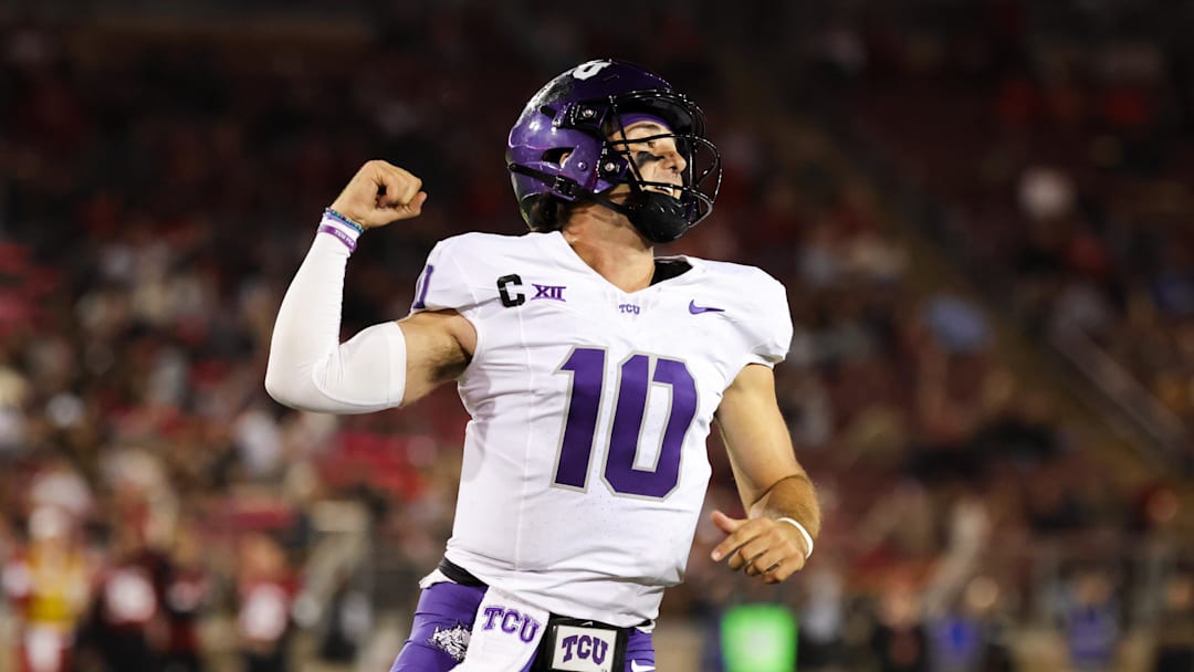 Aug 30, 2024; Stanford, California, USA; TCU Horned Frogs quarterback Josh Hoover (10) celebrates after a touchdown during the second half against the Stanford Cardinal at Stanford Stadium. Mandatory Credit: Sergio Estrada-Imagn Images