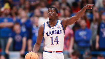 Kansas Jayhawks guard Melvin Council Jr. (14) calls a a play during the first half of the exhibition game against Fort Hays State Tigers inside Allen Fieldhouse on Tuesday, October, 28, 2025.