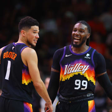May 15, 2022; Phoenix, Arizona, USA; Phoenix Suns guard Devin Booker (1) and Jae Crowder (99) against the Dallas Mavericks in game seven of the second round for the 2022 NBA playoffs at Footprint Center. Mandatory Credit: Mark J. Rebilas-USA TODAY Sports