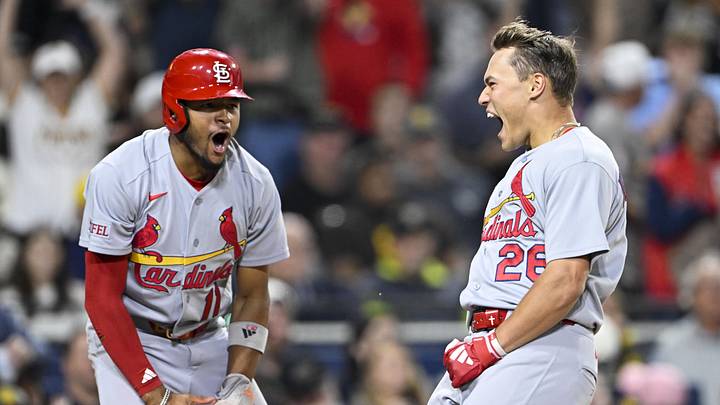 May 8, 2026; San Diego, California, USA; St. Louis Cardinals second baseman JJ Wetherholt (26), right, celebrates with center fielder Victor Scott II (11) after scoring during the fifth inning against the San Diego Padres at Petco Park. Mandatory Credit: Denis Poroy-Imagn Images