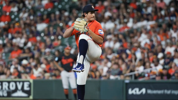 Jun 21, 2024; Houston, Texas, USA; Houston Astros starting pitcher Jake Bloss (39) pitches against the Baltimore Orioles in the first inning at Minute Maid Park.