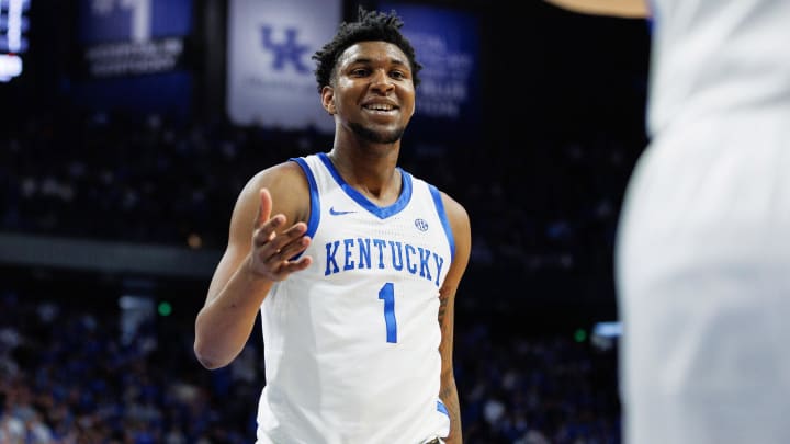 Mar 2, 2024; Lexington, Kentucky, USA; Kentucky Wildcats guard Justin Edwards (1) celebrates during the second half against the Arkansas Razorbacks at Rupp Arena at Central Bank Center. Mandatory Credit: Jordan Prather-USA TODAY Sports