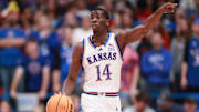 Kansas Jayhawks guard Melvin Council Jr. (14) calls a a play during the first half of the exhibition game against Fort Hays State Tigers inside Allen Fieldhouse on Tuesday, October, 28, 2025.