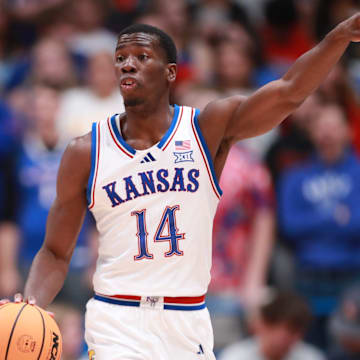 Kansas Jayhawks guard Melvin Council Jr. (14) calls a a play during the first half of the exhibition game against Fort Hays State Tigers inside Allen Fieldhouse on Tuesday, October, 28, 2025.