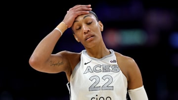 A'ja Wilson during a Las Vegas Aces and Los Angeles Sparks matchup