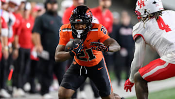 Sep 26, 2025; Corvallis, Oregon, USA; Oregon State Beavers running back Cornell Hatcher Jr. (21) runs the ball during overtime against the Houston Cougars at Reser Stadium. Mandatory Credit: Craig Strobeck-Imagn Images