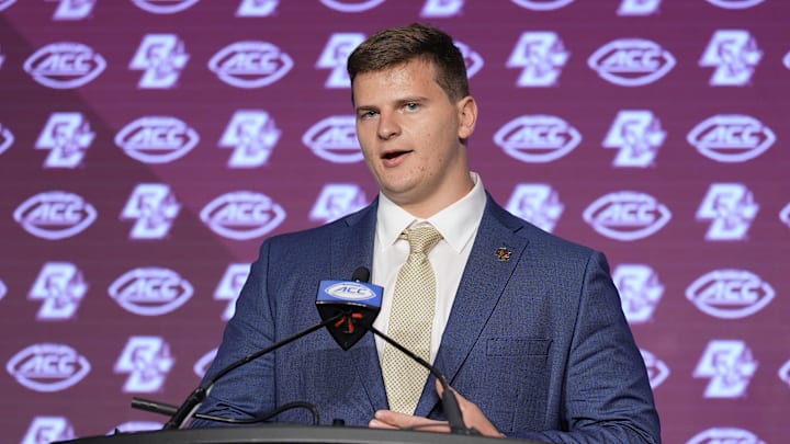 Former Boston College Eagles offensive lineman Drew Kendall speaks to the media.