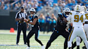 Nov 9, 2025; Charlotte, North Carolina, USA; Carolina Panthers quarterback Bryce Young (9) drops back to pass during the first quarter against the New Orleans Saints at Bank of America Stadium. Mandatory Credit: Jim Dedmon-Imagn Images