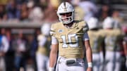 Oct 25, 2025; Atlanta, Georgia, USA; Georgia Tech Yellow Jackets quarterback Haynes King (10) on the field before a game against the Syracuse Orange at Bobby Dodd Stadium at Hyundai Field. Mandatory Credit: Brett Davis-Imagn Images
