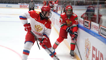Ivan Ryabkin (11) Russia U18 and Timofey Mamanovich (79) of...