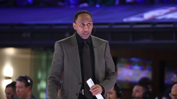 Feb 16, 2024; Indianapolis, IN, USA; Team Stephen A coach Stephen A. Smith looks on against Team