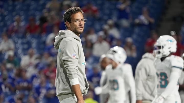 Miami Dolphins head coach Mike McDaniel looks on before the game against the Buffalo Bills at Highmark Stadium in Week 3. Miami Dolphins head coach Mike McDaniel looks on before the game against the Buffalo Bills at Highmark Stadium in Week 3.