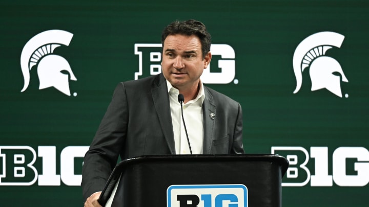 Jul 24, 2024; Indianapolis, IN, USA;  Michigan State Spartans head coach Jonathan Smith speaks to the media during the Big 10 football media day at Lucas Oil Stadium. Mandatory Credit: Robert Goddin-USA TODAY Sports