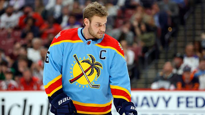 Feb 3, 2023; Sunrise, Florida, USA; Florida Panthers center Aleksander Barkov (16) reacts during the 2023 NHL All-Star Skills Competition at FLA Live Arena. Mandatory Credit: Sam Navarro-USA TODAY Sports