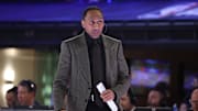Feb 16, 2024; Indianapolis, IN, USA; Team Stephen A coach Stephen A. Smith looks on against Team Shannon during the All Star Celebrity Game at Lucas Oil Stadium. Mandatory Credit: Trevor Ruszkowski-Imagn Images
