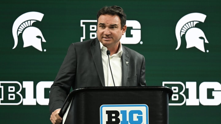 Jul 24, 2024; Indianapolis, IN, USA;  Michigan State Spartans head coach Jonathan Smith speaks to the media during the Big 10 football media day at Lucas Oil Stadium. Mandatory Credit: Robert Goddin-USA TODAY Sports