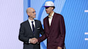 Jun 25, 2025; Brooklyn, NY, USA;  Will Riley stands with NBA commissioner Adam Silver after being selected as the 21st pick by the Utah Jazz in the first round of the 2025 NBA Draft at Barclays Center. Mandatory Credit: Brad Penner-Imagn Images