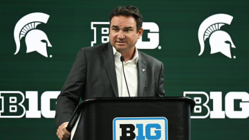 Jul 24, 2024; Indianapolis, IN, USA;  Michigan State Spartans head coach Jonathan Smith speaks to the media during the Big 10 football media day at Lucas Oil Stadium. Mandatory Credit: Robert Goddin-USA TODAY Sports