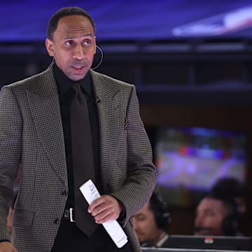 Feb 16, 2024; Indianapolis, IN, USA; Team Stephen A coach Stephen A. Smith looks on against Team Shannon during the All Star Celebrity Game at Lucas Oil Stadium. Mandatory Credit: Trevor Ruszkowski-USA TODAY Sports