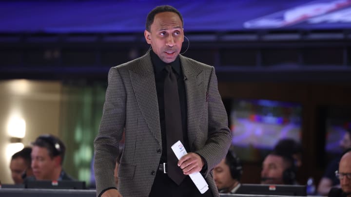 Feb 16, 2024; Indianapolis, IN, USA; Team Stephen A coach Stephen A. Smith looks on against Team Shannon during the All Star Celebrity Game at Lucas Oil Stadium. Mandatory Credit: Trevor Ruszkowski-USA TODAY Sports