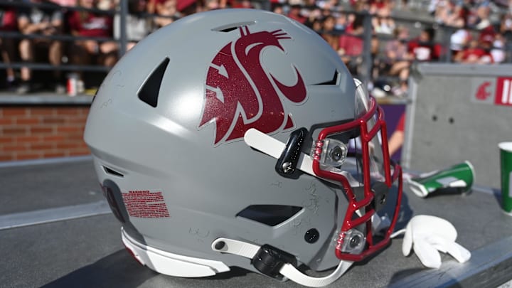 Sep 16, 2023; Pullman, Washington, USA; Washington State Cougars helmet sits during a game against the Northern Colorado Bears in the second half at Gesa Field at Martin Stadium. Mandatory Credit: James Snook-Imagn Images