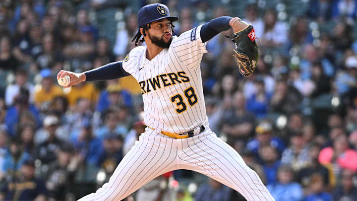 Sep 17, 2023; Milwaukee, Wisconsin, USA; Milwaukee Brewers relief pitcher Devin Williams (38) delivers a pitch against the Washington Nationals to win the ninth inning at American Family Field.