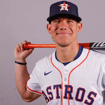 Feb 20, 2025; West Palm Beach, FL, USA;  Houston Astros outfielder Kenedy Corona (89) poses for a photo at the Houston Astros media day.