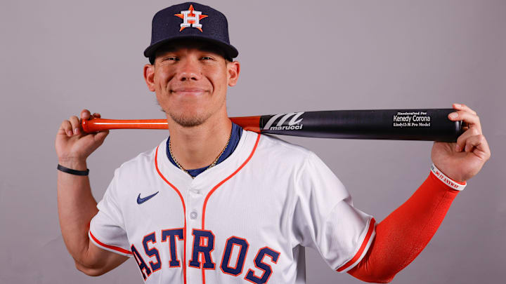 Feb 20, 2025; West Palm Beach, FL, USA; Houston Astros outfielder Kenedy Corona (89) poses for a photo at the Houston Astros media day. Feb 20, 2025; West Palm Beach, FL, USA; Houston Astros outfielder Kenedy Corona (89) poses for a photo at the Houston Astros media day.