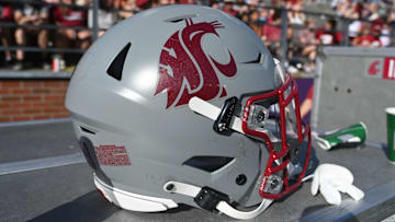 Sep 16, 2023; Pullman, Washington, USA; Washington State Cougars helmet sits during a game against the Northern Colorado Bears in the second half at Gesa Field at Martin Stadium. Mandatory Credit: James Snook-Imagn Images