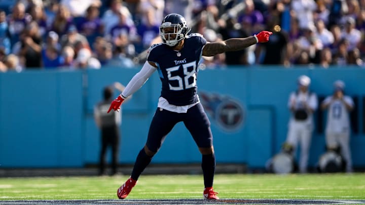 Nov 17, 2024; Nashville, Tennessee, USA;  Tennessee Titans linebacker Harold Landry III (58) celebrates the fumble recovery against the Minnesota Vikings during the first half at Nissan Stadium. Mandatory Credit: Steve Roberts-Imagn Images