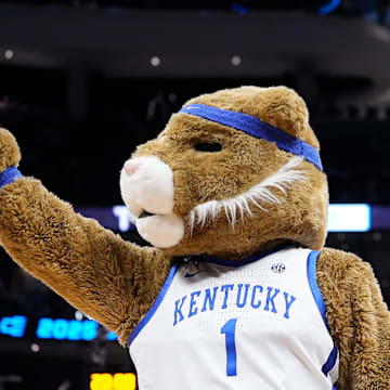 University of Kentucky's official mascot The Wildcat signals to the crowd during the first half of their first round NCAA men’ s basketball tournament game against Troy on Friday March 21, 2025 at Fiserv Forum in Milwaukee, Wis.