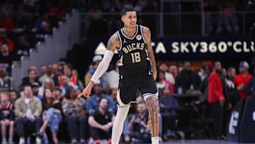 Feb 7, 2025; Atlanta, Georgia, USA; Milwaukee Bucks forward Kyle Kuzma (18) reacts after a basket against the Atlanta Hawks in the second quarter at State Farm Arena. Mandatory Credit: Brett Davis-Imagn Images