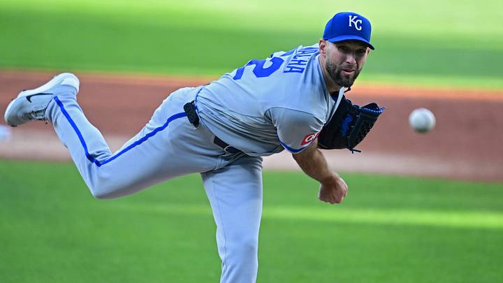 Apr 6, 2026; Cleveland, Ohio, USA; Kansas City Royals starting pitcher Michael Wacha (52) delivers during the first inning against the Cleveland Guardians at Progressive Field. Mandatory Credit: David Dermer-Imagn Images